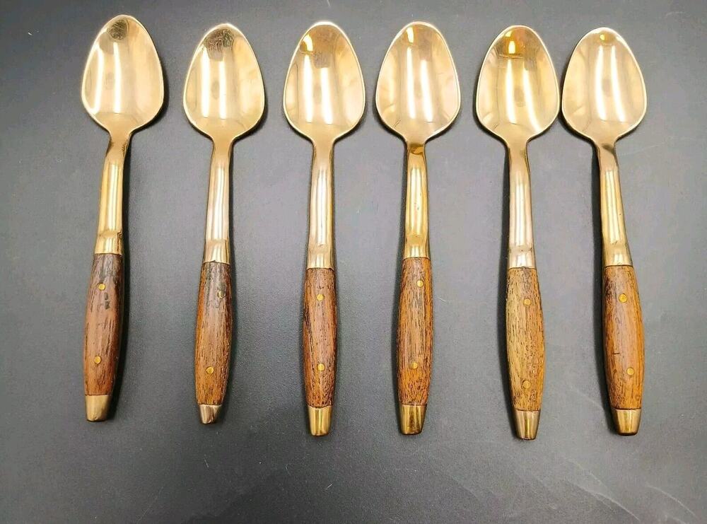 Antique Rosewood Bronze and Wood Set of 6 Small Spoon Thailand Rare